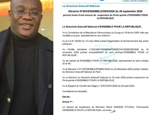 RDC : Suspendu en août, Hervé Diakese réhabilité par Ensemble pour la République.