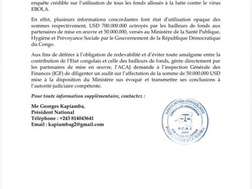 RDC :L'ACAJ demande à l’IGF d’auditer les fonds mobilisés pour la lutte contre Ebola.