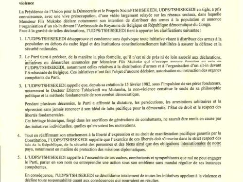 RDC : L’UDPS se désolidarise de Fils Mukoko et rejette tout appel à la violence.