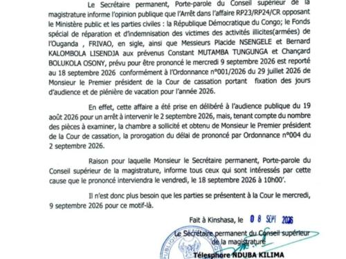 RDC : procès Mutamba-FRIVAO, la Cour de cassation rendra sa décision le 18 septembre.
