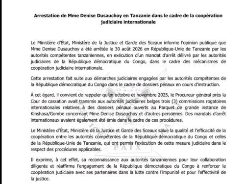 Arrestation de Denise Dusauchoy en Tanzanie: Kinshasa affirme avoir déjà saisi les autorités judiciaires belges.