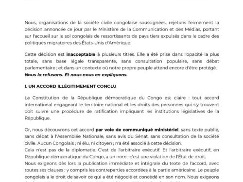 RDC :*la société civile rejette l’accueil de migrants expulsés des États-Unis*