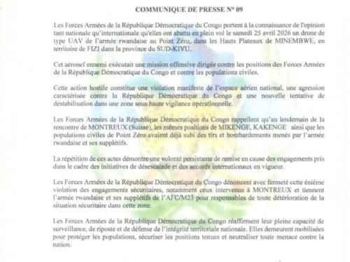 RDC : *les FARDC annoncent avoir abattu un drone rwandais au Sud-Kivu