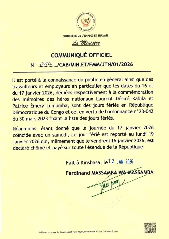 RDC : Les 16, 17 et 19 janvier 2026 déclarés jours fériés à l’occasion ...