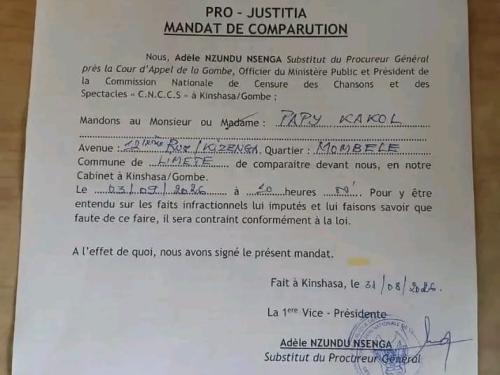 RDC : Papy Kakol convoqué par la Commission nationale de censure, rendez-vous fixé au 3 septembre.